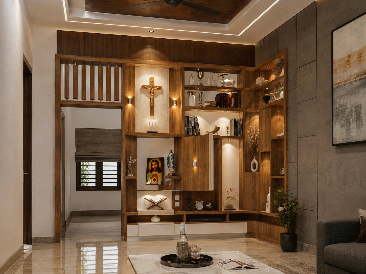 Warm living space with stone textures and natural daylight