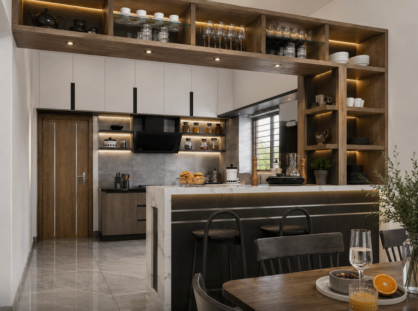 Open-plan interior with architectural flow and soft material contrast
