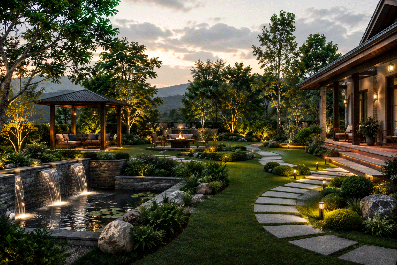 Garden design with planting, shade, and water features